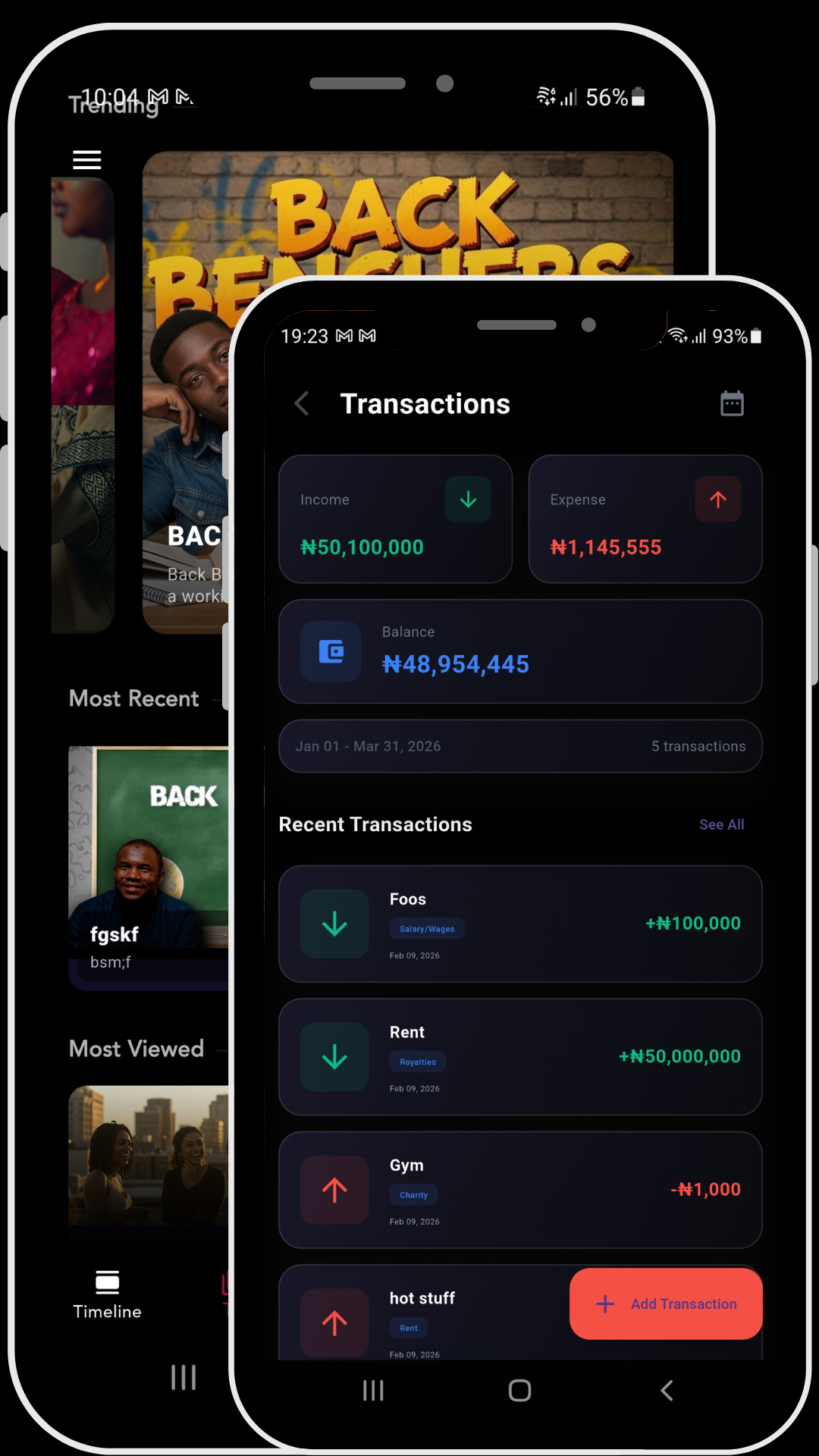 Xclusiv Lifestyle app screens showing media and transactions
