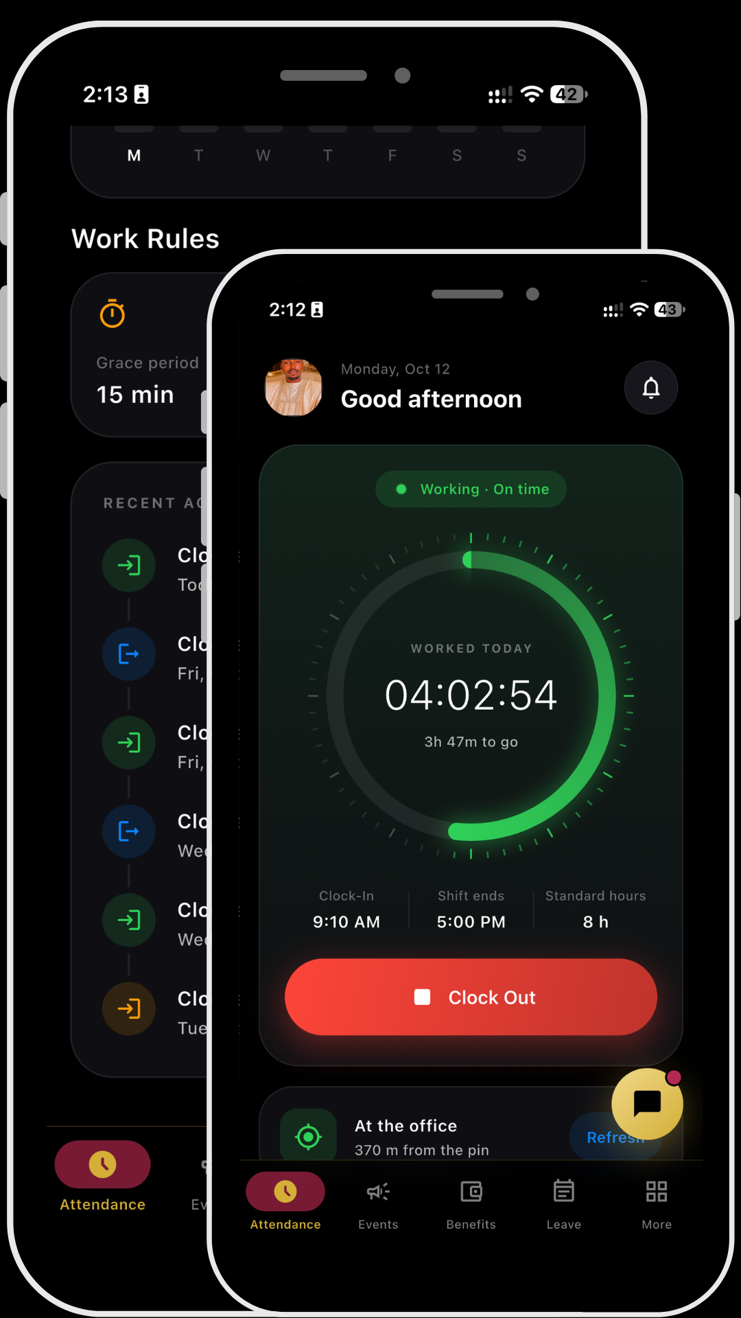 Xclusiv Member app showing attendance and clock-out screens