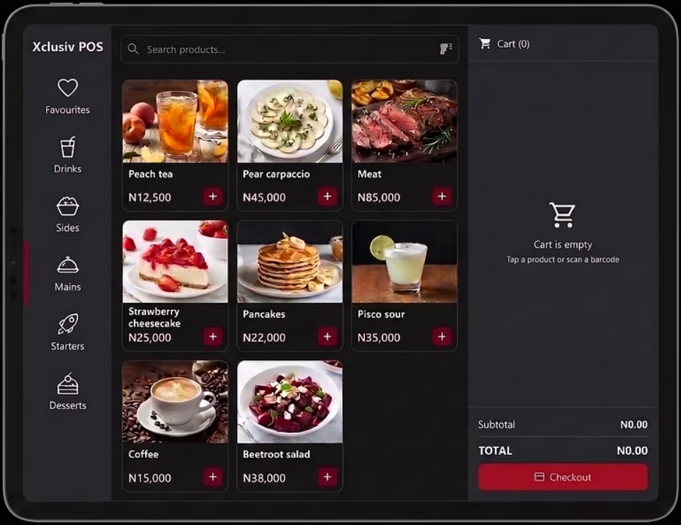 Xclusiv POS checkout screen with a menu of products and a cart